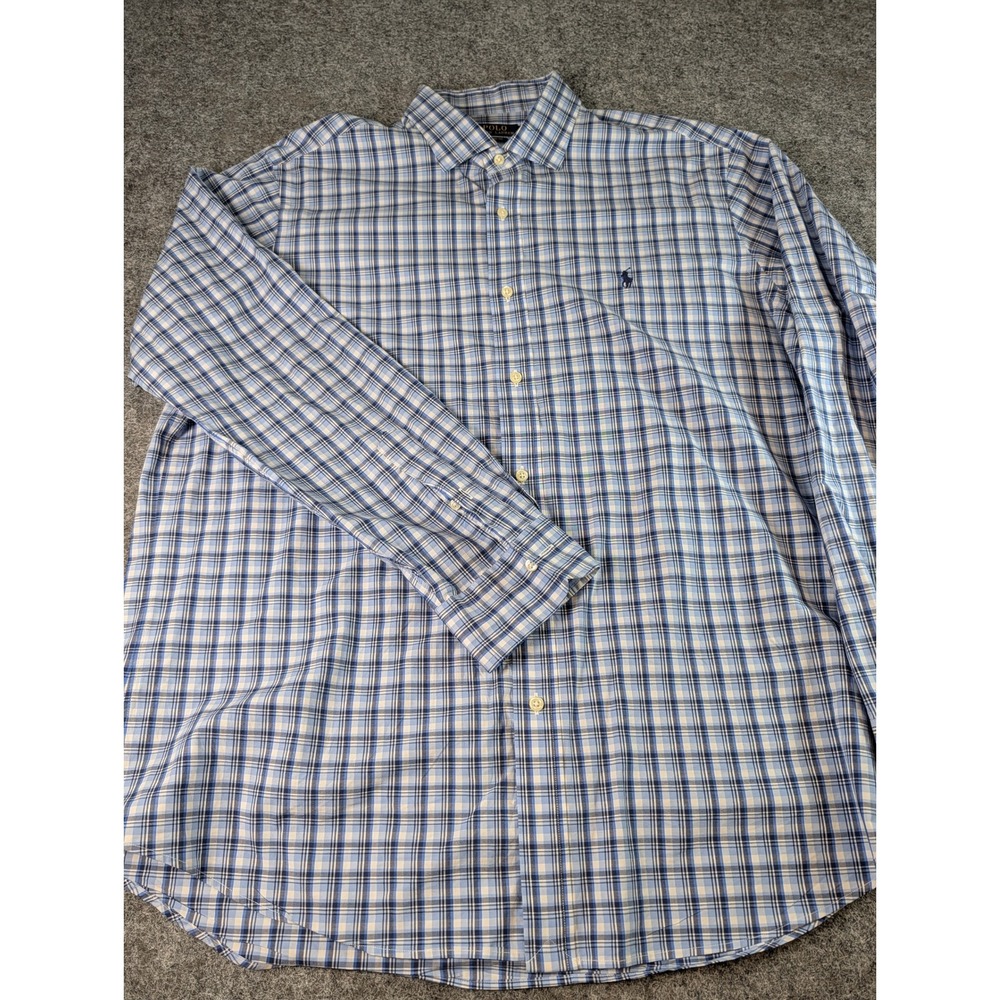 Polo Ralph Lauren Mens XL Blue White Plaid Classic Fit Stretch Button Down Shirt